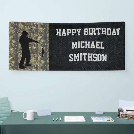 ハッピーバースデーの迷彩柄の魚釣りの人の旗 横断幕 (トレードショー)