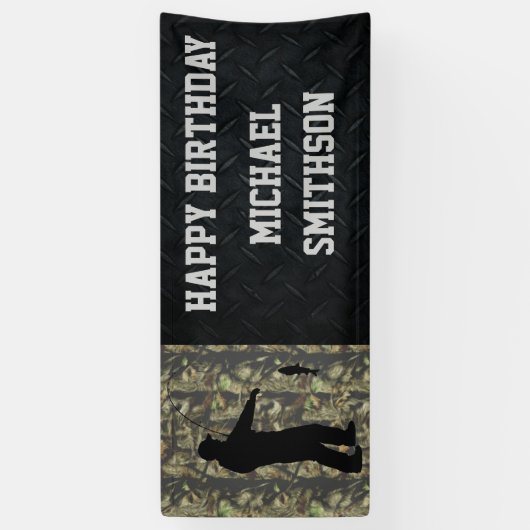 ハッピーバースデーの迷彩柄の魚釣りの人の旗 横断幕 (縦)