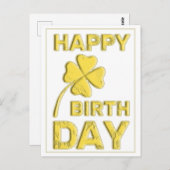 ハッピーバースデーの金ゴールドに4つ葉クローバー! ポストカード (正面/裏面)