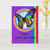 ハッピーバースデーの陽気なレズビアンの虹の蝶カード カード (黄色い花)