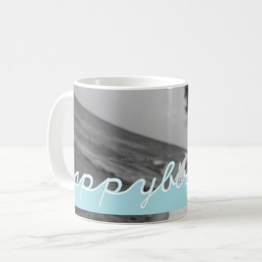 ハッピーバースデーの青い切口の出口は写真を加えます コーヒーマグカップ (正面左)