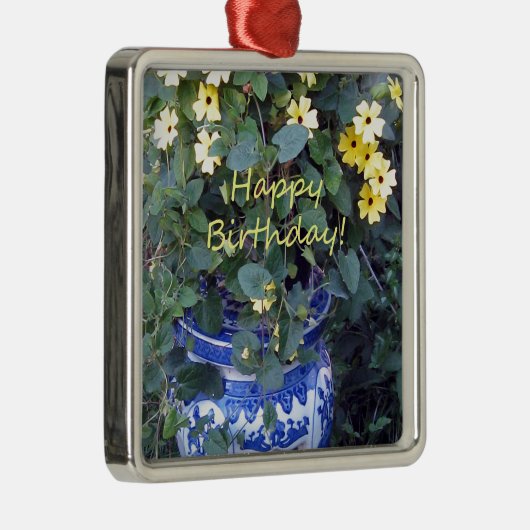 ハッピーバースデーの青く黄色いつる植物の青のヤナギ メタルオーナメント (右)