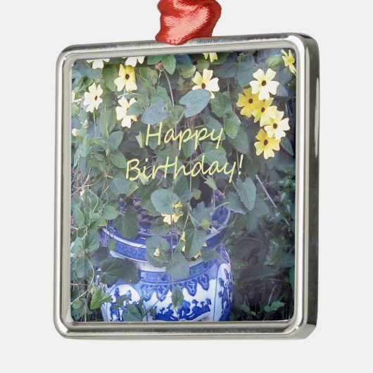 ハッピーバースデーの青く黄色いつる植物の青のヤナギ メタルオーナメント (左)