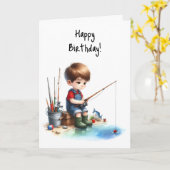 ハッピーバースデーの願いに夢中の誕生日少年 カード (黄色い花)
