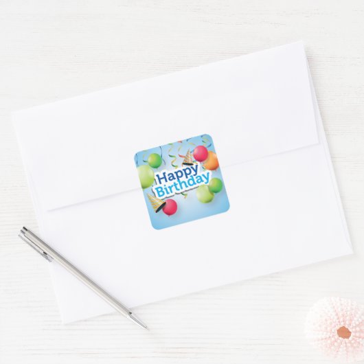 ハッピーバースデーの風船と帽子 スクエアシール (封筒)
