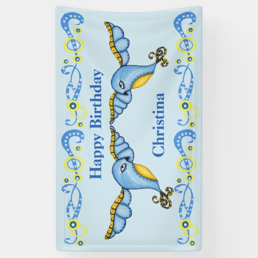 ハッピーバースデーの飛んでいるなファンタジーの華美なブルーバード 横断幕 (縦)