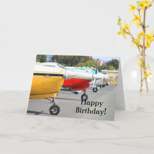 ハッピーバースデーの飛行機の挨拶状 カード (黄色い花)