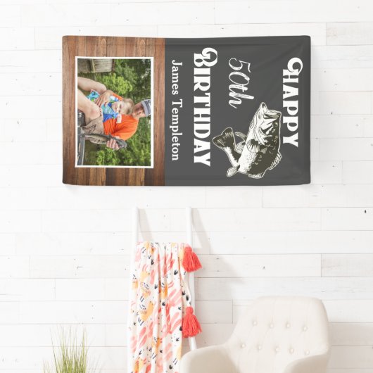 ハッピーバースデーの魚釣りの写真の名前の父の人 横断幕 (インサイチュ)