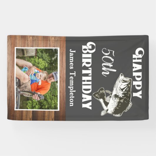 ハッピーバースデーの魚釣りの写真の名前の父の人 横断幕 (横)