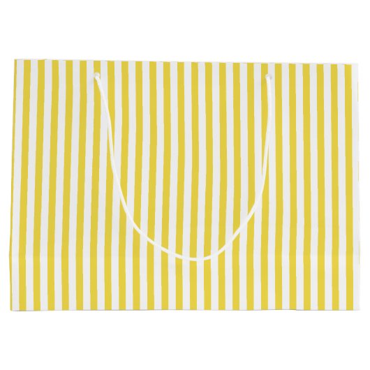 ハッピーバースデーの黄色/白のシンプルストライプパターン ラージペーパーバッグ (裏面)