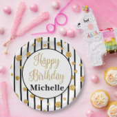 ハッピーバースデーの黒のストライプの金ゴールドのグリッターのプレート ペーパープレート (パーティー)