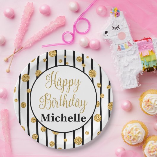 ハッピーバースデーの黒のストライプの金ゴールドのグリッターのプレート ペーパープレート (パーティー)