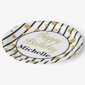 ハッピーバースデーの黒のストライプの金ゴールドのグリッターのプレート ペーパープレート (アングル)