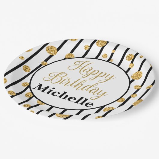 ハッピーバースデーの黒のストライプの金ゴールドのグリッターのプレート ペーパープレート (アングル)
