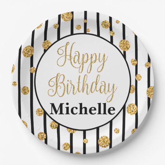 ハッピーバースデーの黒のストライプの金ゴールドのグリッターのプレート ペーパープレート (正面)