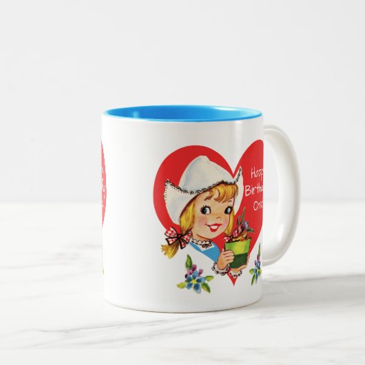 ハッピーバースデーのOmaの祖母のオランダの女の子及びチューリップ ツートーンマグカップ (正面右)