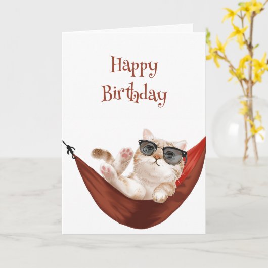 ハッピーバースデーは簡単猫をハンモックユーモアで撮る カード (黄色い花)