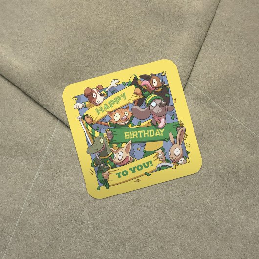 ハッピーバースデーへ動物ファン黄色と緑 スクエアシール