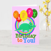 ハッピーバースデーへ緑の漫画の恐竜 カード (黄色い花)