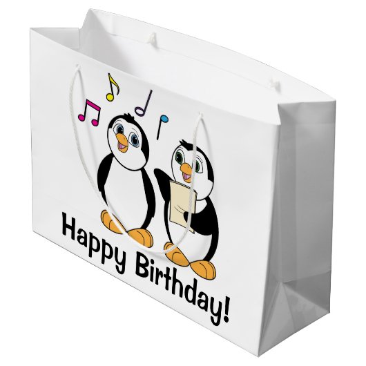 ハッピーバースデーを歌っている漫画のペンギン ラージペーパーバッグ (裏面アングル)