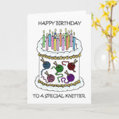 ハッピーバースデーを編み物、ケーキ、キャンドルに。 カード (黄色い花)