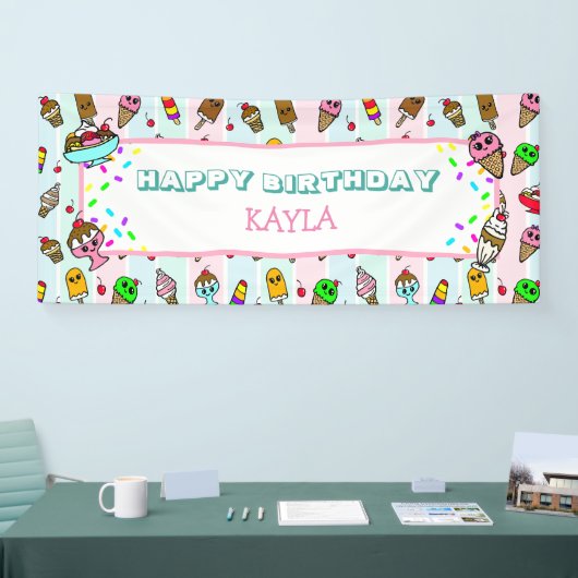 ハッピーバースデーアイスクリームアンドスプリンクル誕生日 横断幕 (トレードショー)