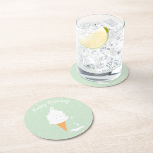 ハッピーバースデーアイスクリームコーン振りかける水玉模様 ラウンドペーパーコースター (インサイチュ)