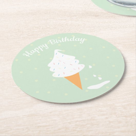 ハッピーバースデーアイスクリームコーン振りかける水玉模様 ラウンドペーパーコースター (アングル)