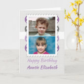 ハッピーバースデーアウンティグレーと紫の写真 カード (黄色い花)