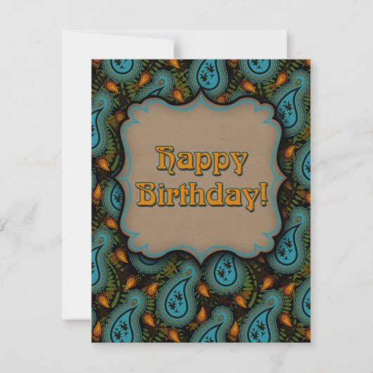 ハッピーバースデーアクアブラック金ゴールドペイズリー ノートカード (正面)