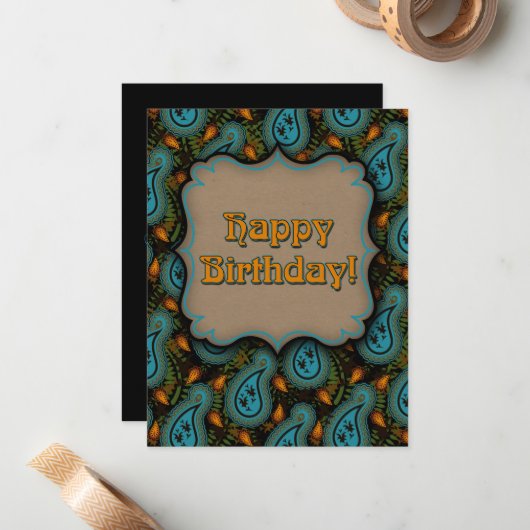 ハッピーバースデーアクアブラック金ゴールドペイズリー ノートカード (正面/裏面インサイチュ)