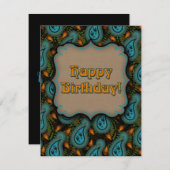 ハッピーバースデーアクアブラック金ゴールドペイズリー ノートカード (正面/裏面)