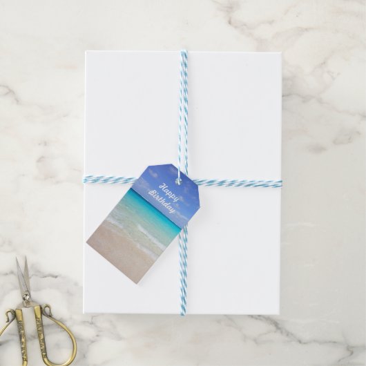 ハッピーバースデーアズールブルーカリブのトロピカルビーチ ギフトタグ (より糸付き)