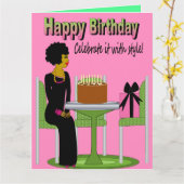 ハッピーバースデーアフリカンアメリカン・レディお誕生日ケーキ カード (黄色い花)