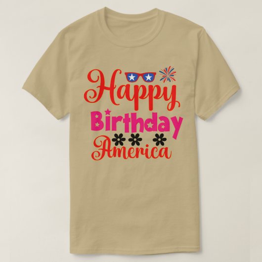 ハッピーバースデーアメリカ米国7月4日 Tシャツ (デザイン正面)