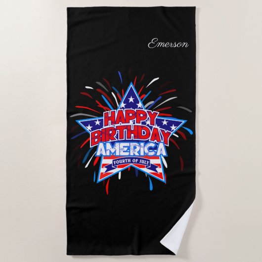 ハッピーバースデーアメリカ7月4日インディペンデント ビーチタオル (正面)