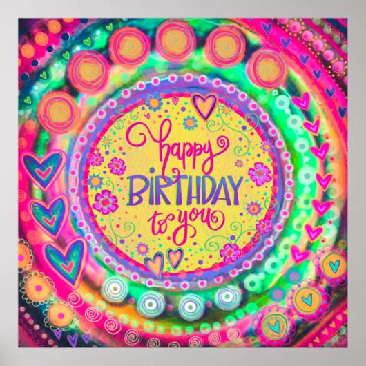 ハッピーバースデーイエローおもしろいカラフル吸光度 ポスター (正面)