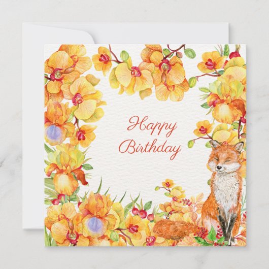 ハッピーバースデーイエローオーキッドフラワーズ&キツネ (正面)