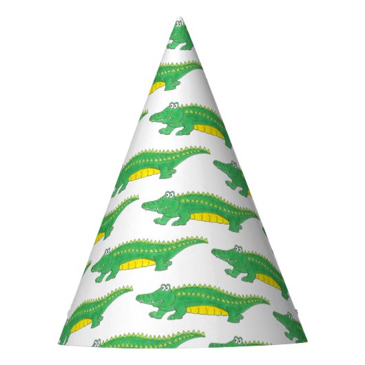 ハッピーバースデーイエローグリーンアリゲーターワニ パーティーハット (正面)
