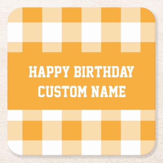 ハッピーバースデーイエロージンガム スクエアペーパーコースター (正面)