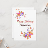 ハッピーバースデーイエローパープルフラワーウォーター色 カード (正面/裏面インサイチュ)