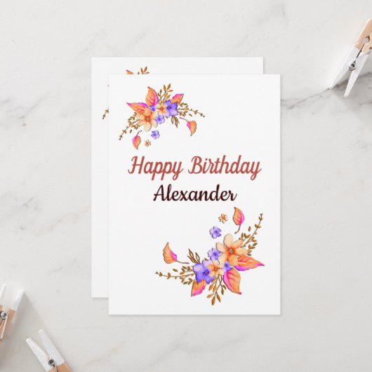 ハッピーバースデーイエローパープルフラワーウォーター色 カード (正面/裏面インサイチュ)