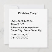 ハッピーバースデーイエロー水玉模様文字ブルーバックグリッド 招待状 (裏面)