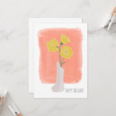 ハッピーバースデーイエロー花模様ブラシストローク カード (正面/裏面インサイチュ)