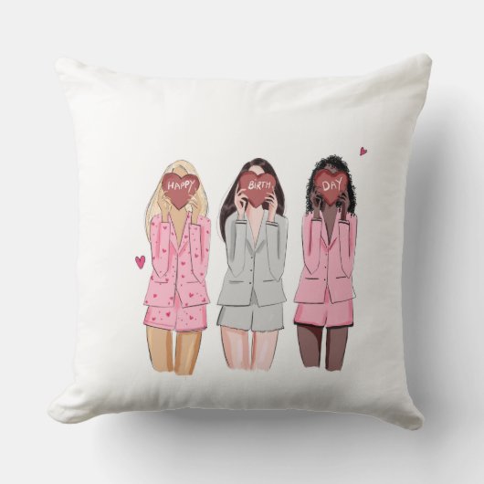 ハッピーバースデーイラストレーションピンクガール クッション (正面)