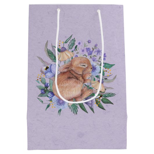 ハッピーバースデーイースターバニーパープル花模様 ミディアムペーパーバッグ (裏面)