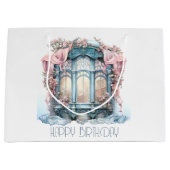 ハッピーバースデーウィンターブルーピンクビクトリアンの窓 ラージペーパーバッグ (正面)