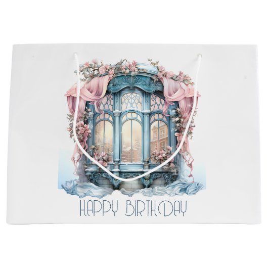 ハッピーバースデーウィンターブルーピンクビクトリアンの窓 ラージペーパーバッグ (正面)