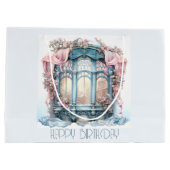 ハッピーバースデーウィンターブルーピンクビクトリアンの窓 ラージペーパーバッグ (裏面)