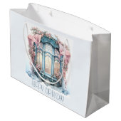 ハッピーバースデーウィンターブルーピンクビクトリアンの窓 ラージペーパーバッグ (裏面アングル)